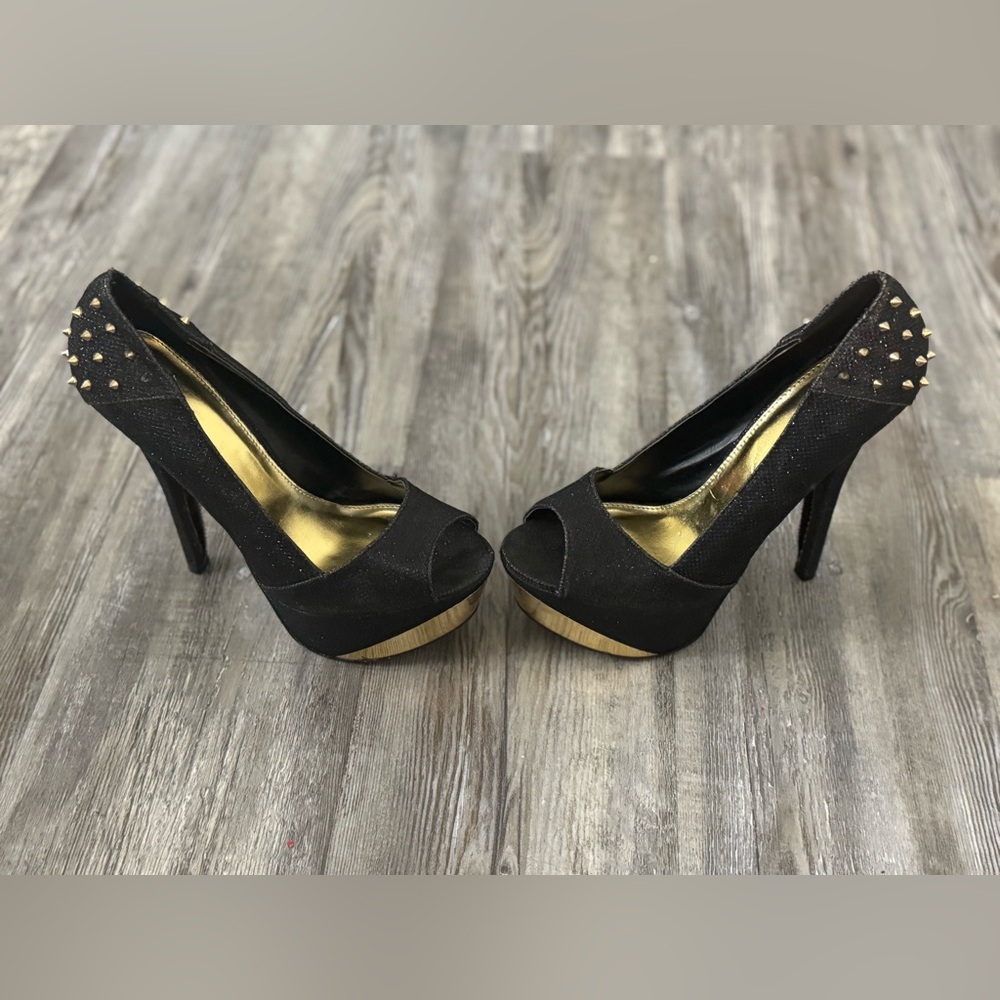 Qupid Black and Gold Platform Heels with Studded Detail